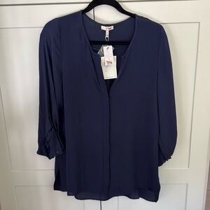 NEW Joie Navy Blue Long Sleeve Button Up Blouse Sheer Silk